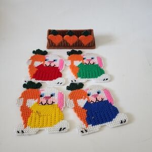 Vintage Coasters Colorful Handmade Yarn Set Of 4 Bunny Easter